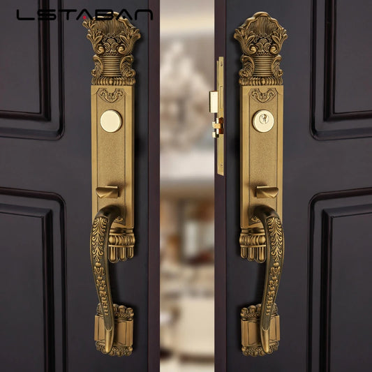 Luxury European Solid wood Villa Interior Door Lock Gate Outdoor Double Open Yellow Bronze Wooden Door Lock