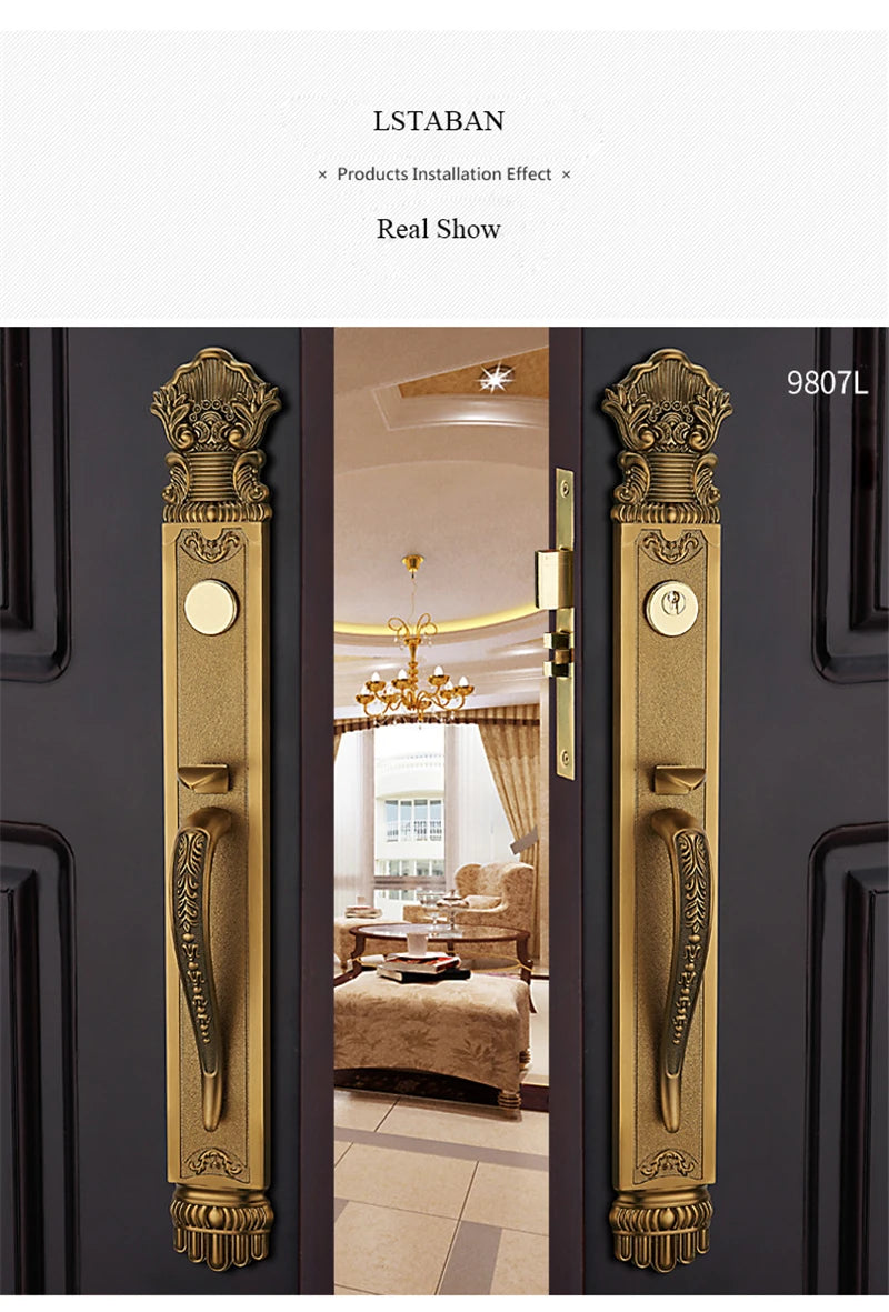 Luxury European Solid wood Villa Interior Door Lock Gate Outdoor Double Open Yellow Bronze Wooden Door Lock