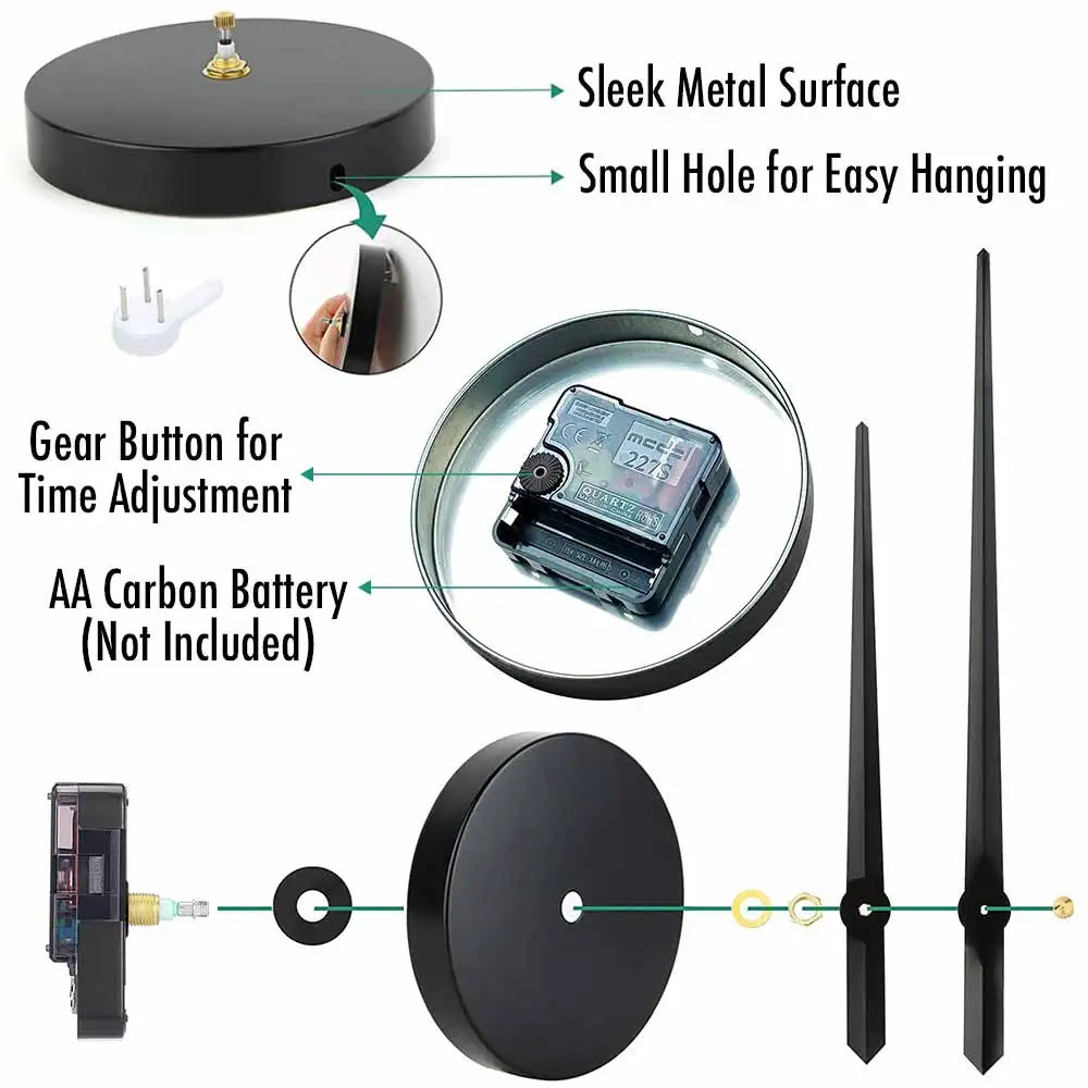 MCDFL 3D Large Wall Clock with sleek metal surface, easy hanging feature, gear button for adjustment, and black clock hands. Requires AA battery, not included.