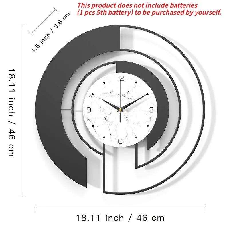 Modern wall clock with marble-pattern face and black rings, 18-inch diameter, home decoration.