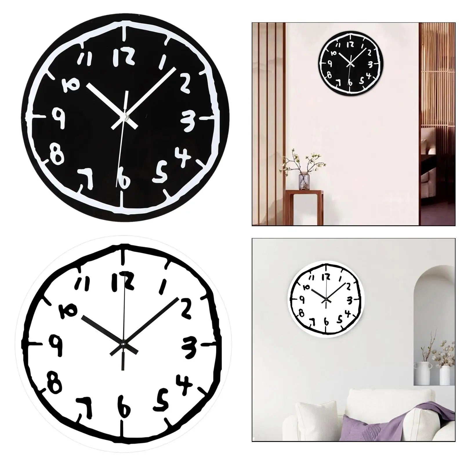 Artistic wall clock with hand-drawn numbers in black and white, ideal for modern home decor.