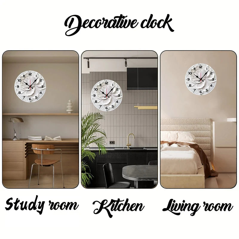 White Peony Wooden Round Silent Hanging Wall Clock, Suitable For Living Room, Office, Study Room, Bedroom, Home Decoration