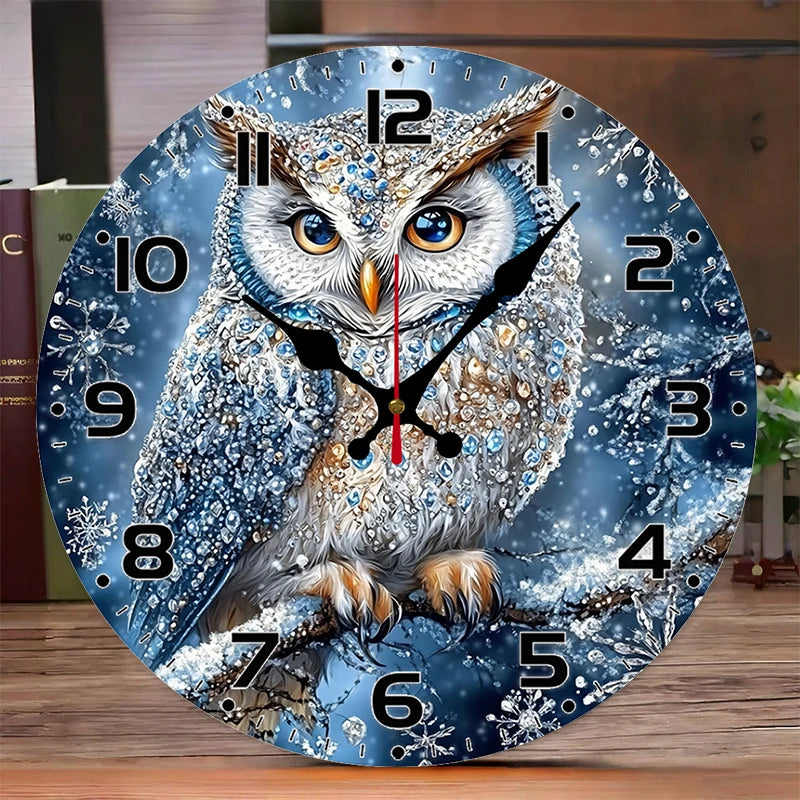 Snowy Owl Wooden Round Silent Hanging Wall Clock, Suitable For Living Room, Office, Study Room, Bedroom, Home Decoration