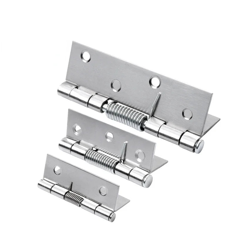 Stainless steel automatic rebound cabinet hinges in three sizes, featuring spring mechanisms for easy operation.