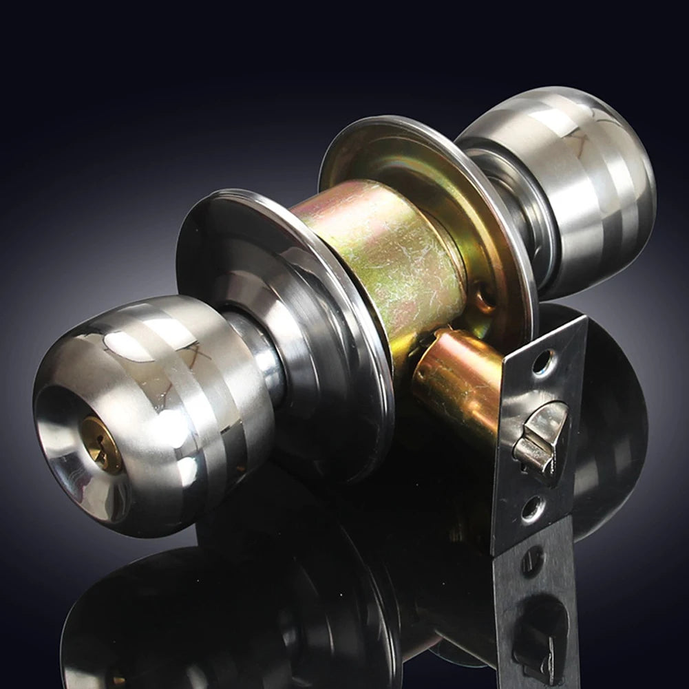 Stainless steel keyed entry door knob with lock, round design for indoor doors, shown with latch mechanism.