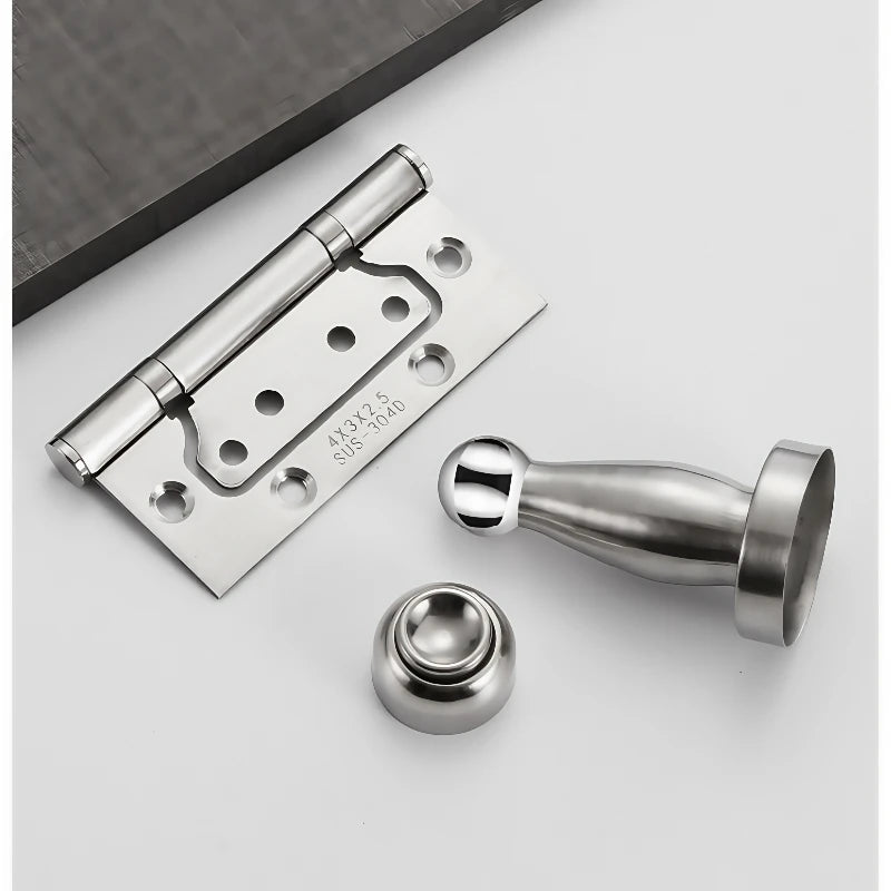 Premium stainless steel door hinge with a silent, no groove design, accompanied by a sleek door stopper set.