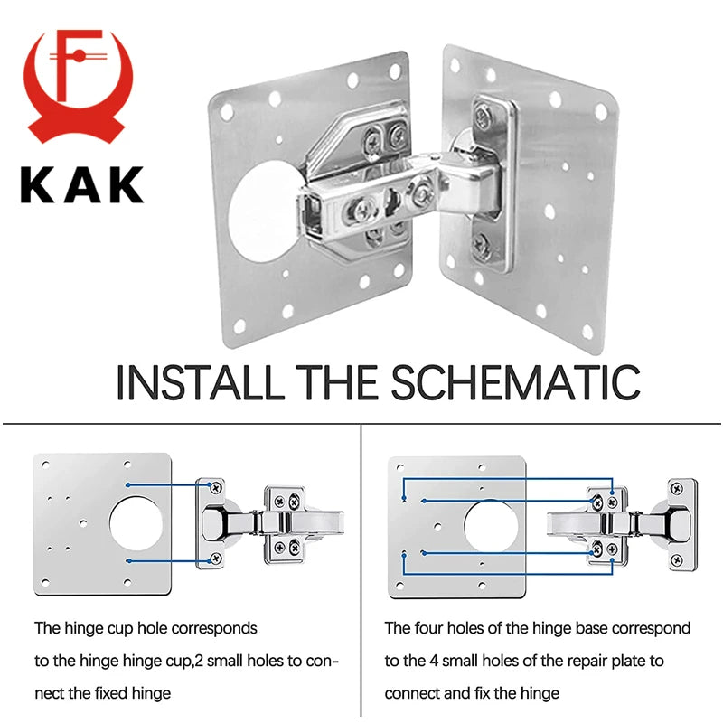 KAK 8pcs Hinge Repair Plate Brushed Stainless Steel Cabinet Hinge Fixing Plate Bracket Kit with Mounting Screws Door Hardware