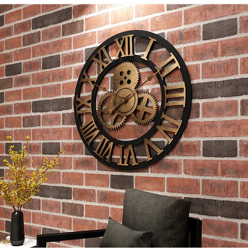 Retro industrial style wall clock with Roman numerals and gear design mounted on a red brick wall, perfect for home or office decor.