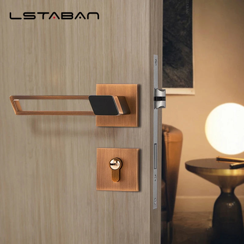 Modern zinc alloy silent door lock with copper finish and black accent handle on a wooden door.