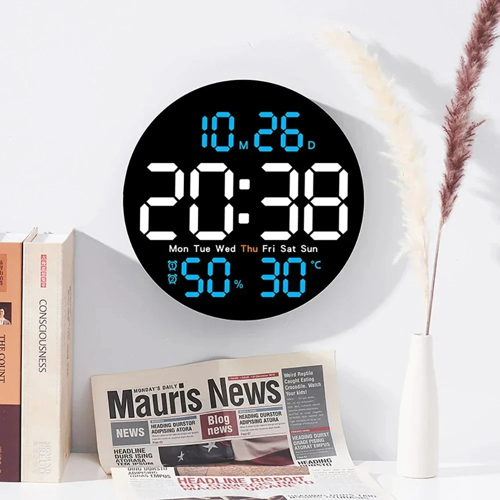 10 inch simple living room wall clock with control temperature humidity date week display countdown clock LED alarm clock