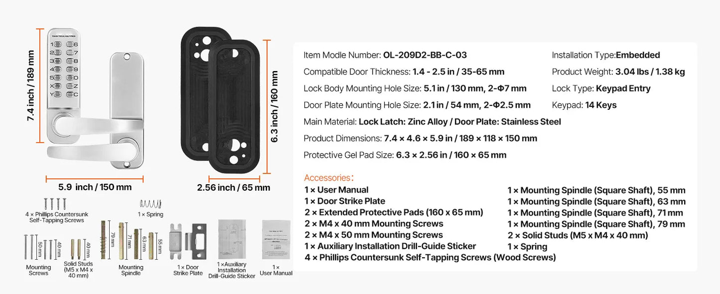 SucceBuy Mechanical Keyless Entry Door Lock 14 Key Mechanical Door Lock Mechanical Keypad Door Knob Single-Side Keyless Lock