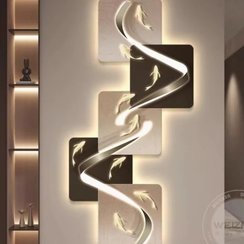 Modern wall decor with LED-illuminated fish patterns on geometric panels.