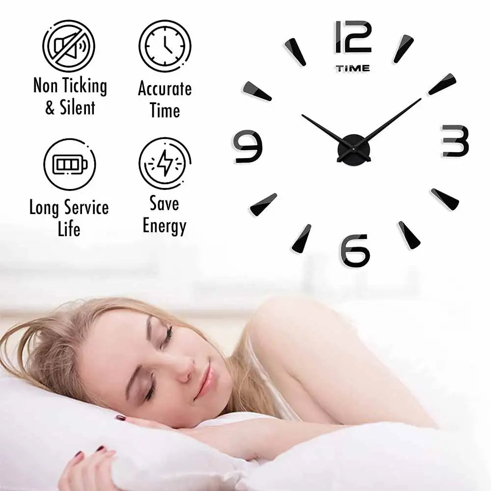 MCDFL 3D Large Wall Clock with self-adhesive acrylic mirror stickers, featuring a silent, energy-saving design ideal for a modern living room.