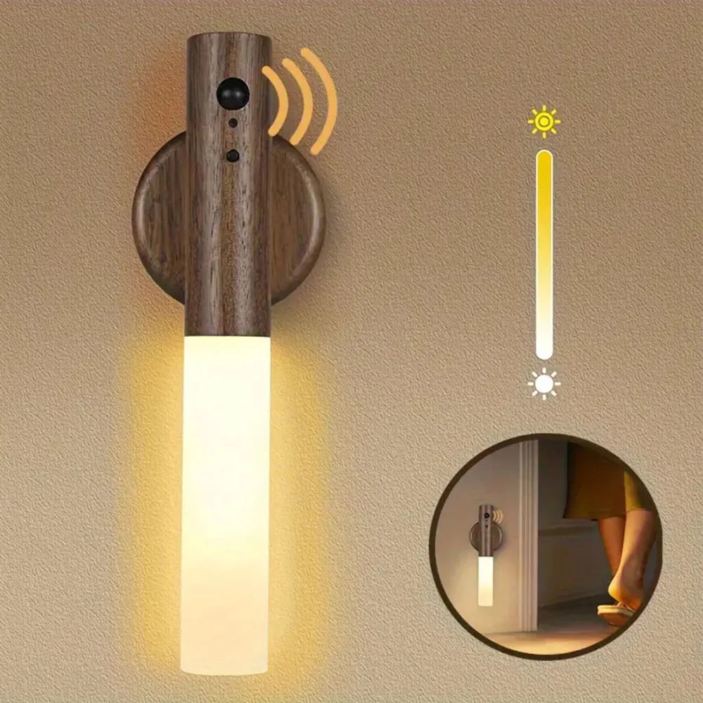 Rechargeable magnetic wall sconce with motion sensor and warm light, featuring a wooden design for bedroom or stairway use.