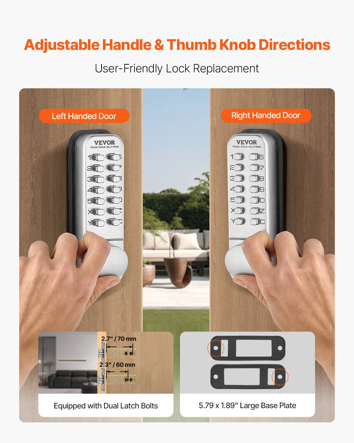Keyless entry door lock with adjustable handle and thumb knob directions, featuring dual latch bolts and a large base plate for left and right-handed doors.