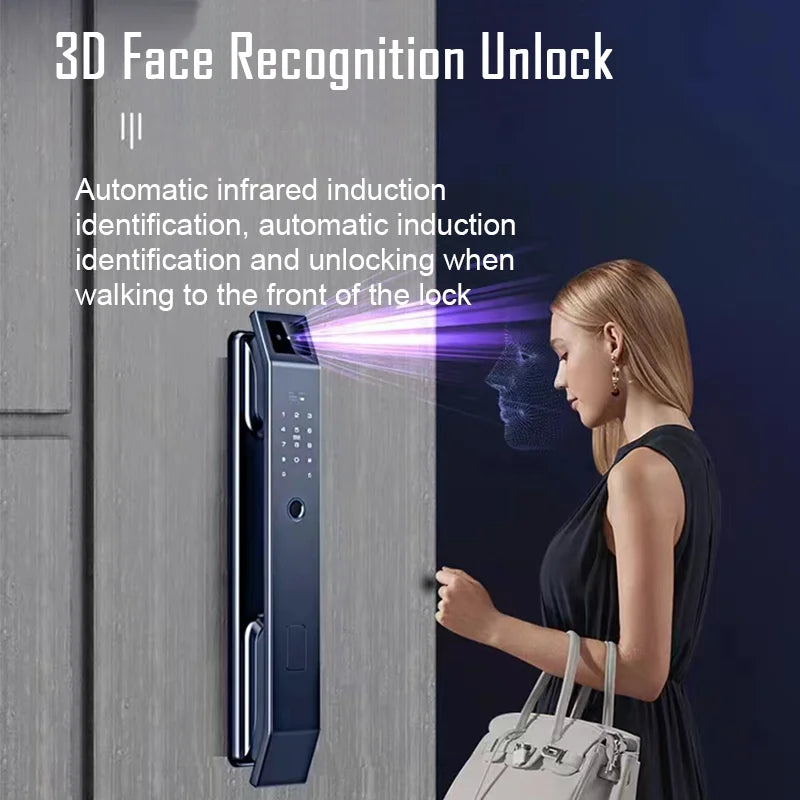 Digital door lock with 3D face recognition and automatic infrared induction, demonstrated by a woman standing in front of the lock.