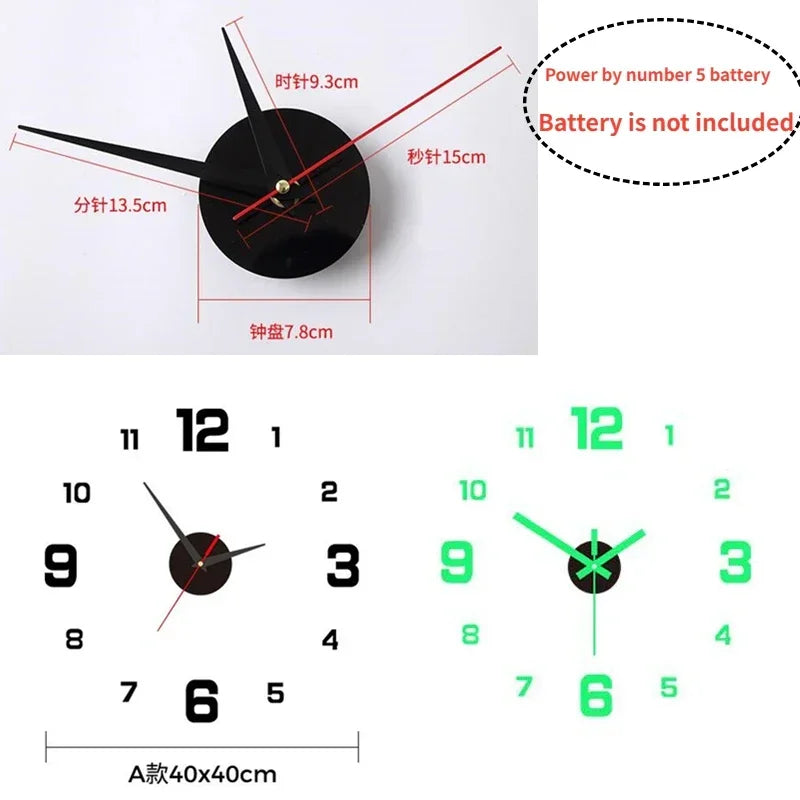 3D Luminous Frameless Acrylic DIY Wall Clock with Mute Mechanism, Black and Green, Battery Not Included