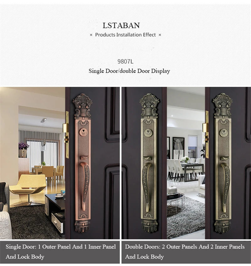 Luxury European Solid wood Villa Interior Door Lock Gate Outdoor Double Open Yellow Bronze Wooden Door Lock