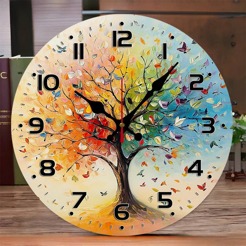 Colorful Life Tree Wooden Round Silent Hanging Wall Clock, Suitable For Living Room, Office, Study Room,Bedroom, Home Decoration