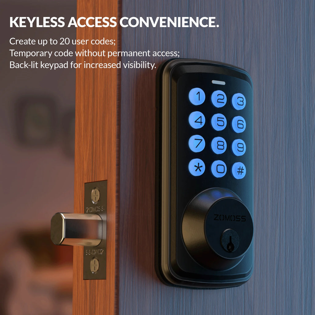 ZOMOSS Smart Keypad Door Lock with illuminated keypad, keyless entry, and easy installation on a wooden door.