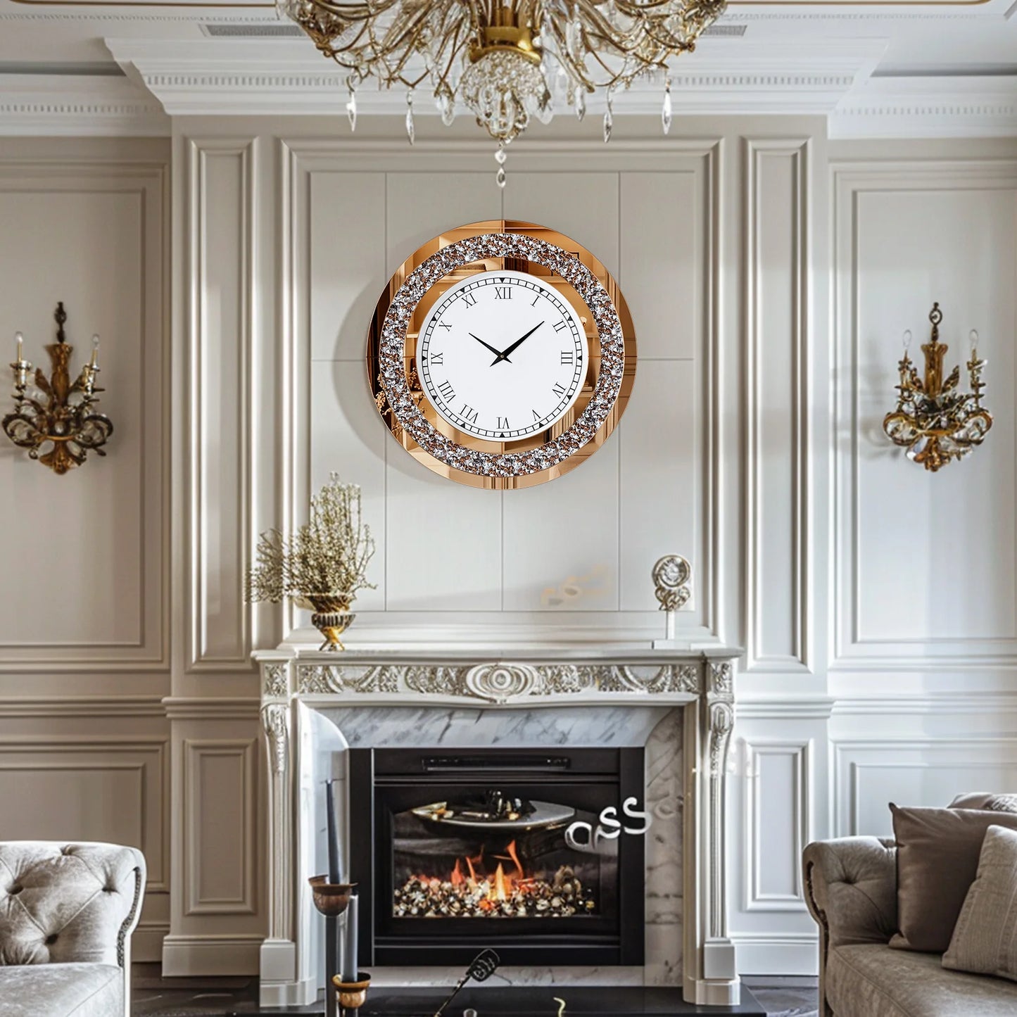 Silver,Tawny Tinted Round Mirror ,24inch Crystal Sparkle Twinkle Bling Crush Diamond Large Mirrored Wall Clock for Living Room
