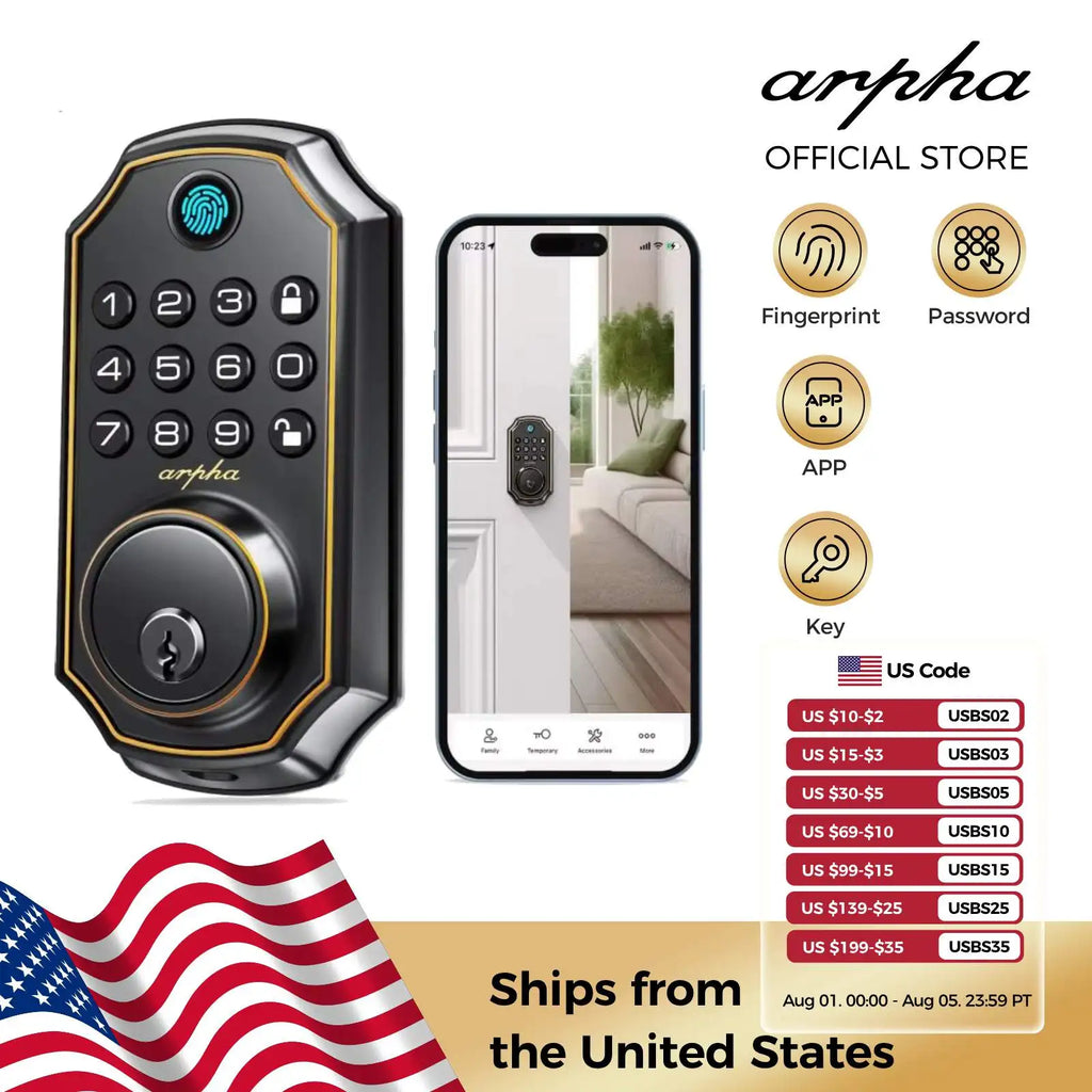 Arpha D280 Keyless Entry Door Lock with fingerprint, keypad, app, and key access, shown with smartphone integration and US shipping details.