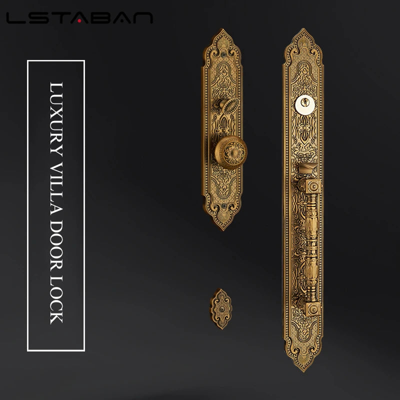Premium European villa door lock with intricate gold design and engravings, set against a dark background.