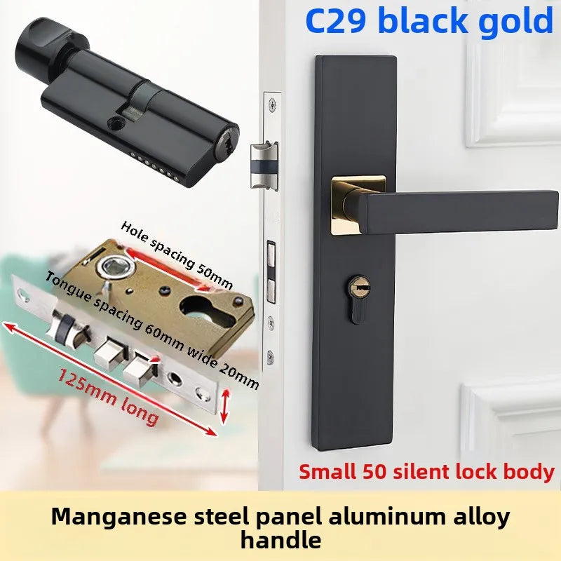 Complete Door Lock Set for Indoor Bedroom, Black Bathroom Solid Wood Handle Silent Home Door Lock, Includes Lock Body and Core
