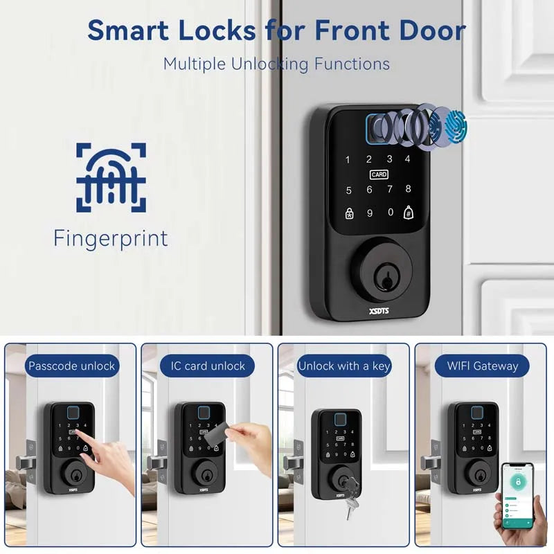 XSDTS Entry Smart Door Lock IC Card Key/Password/Fingerprint Tuya Smartlife APP Unlock Front Door Smart Lock Deadbolt