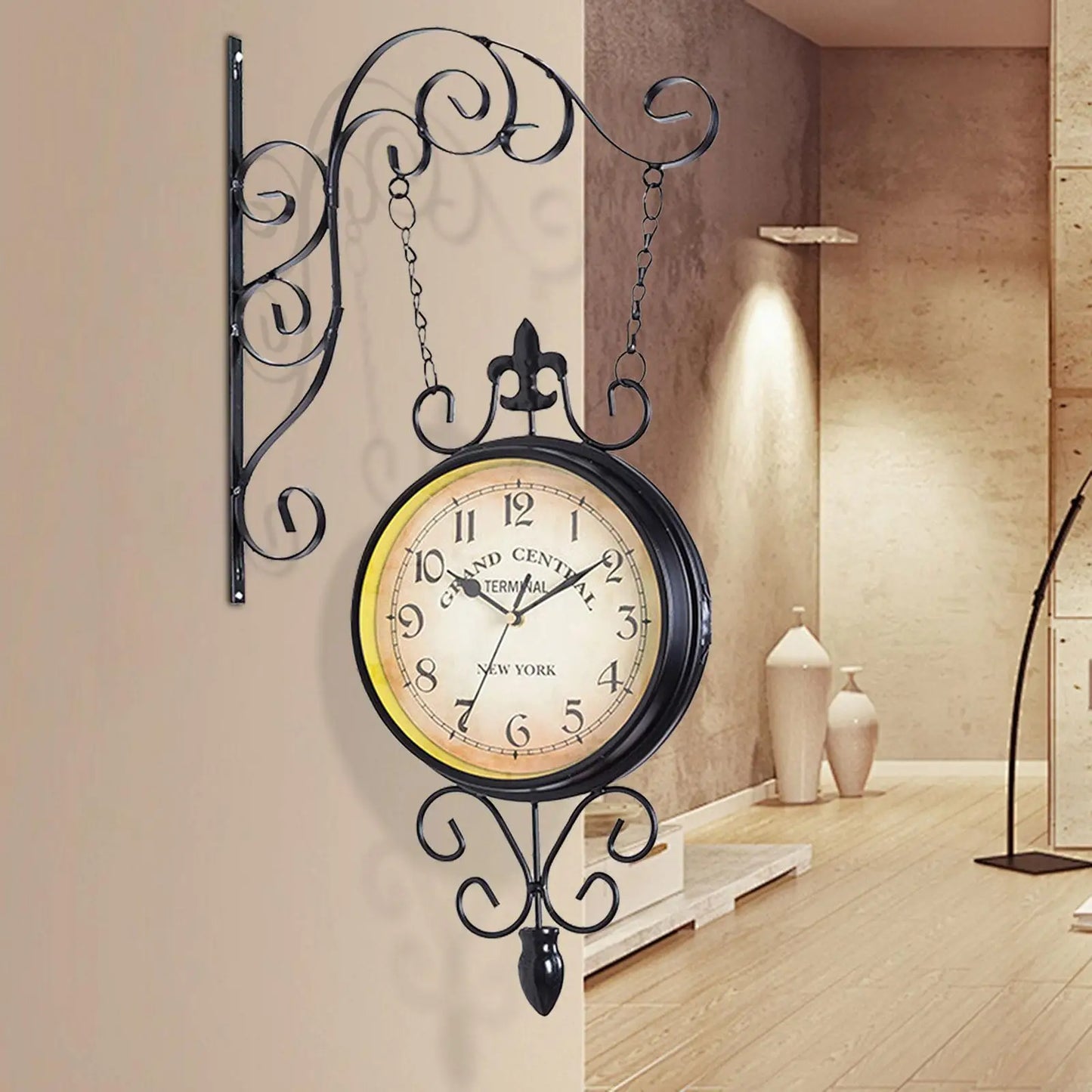 Double Sided Station Clock Round Silent Wall Clock for Kitchen Outdoor Patio