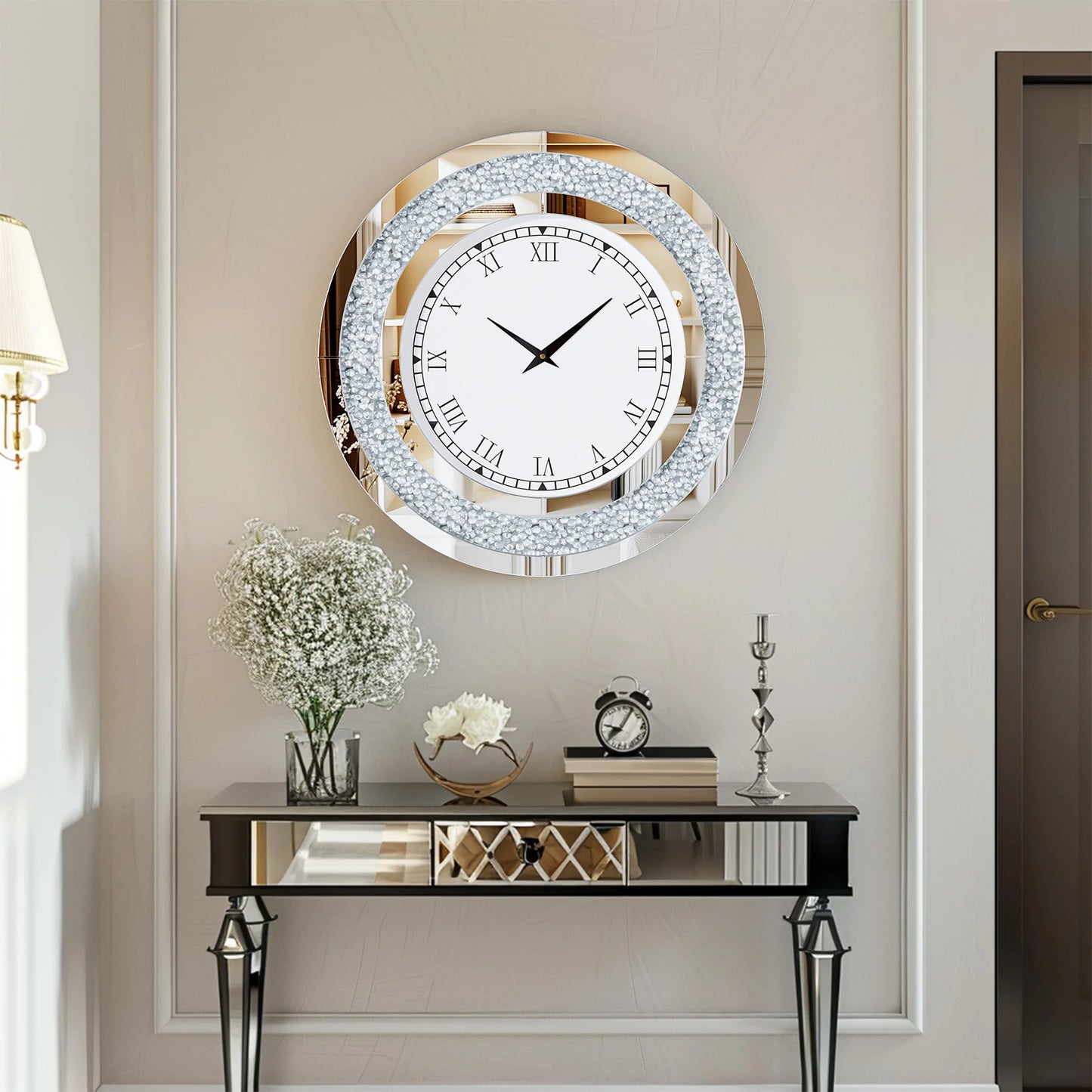 Silver,Tawny Tinted Round Mirror ,24inch Crystal Sparkle Twinkle Bling Crush Diamond Large Mirrored Wall Clock for Living Room