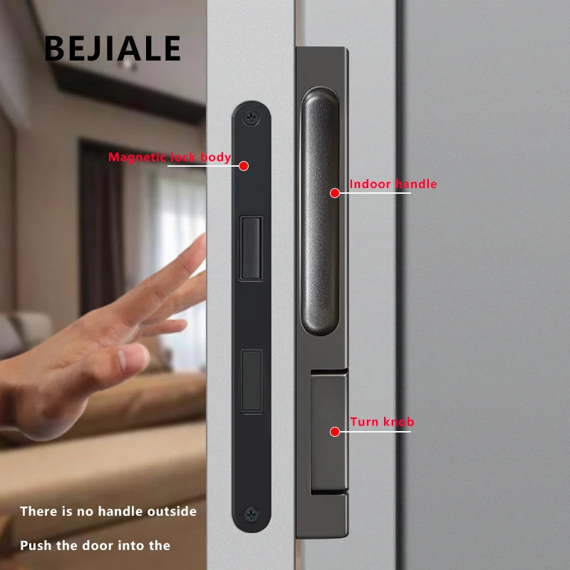 Single-side invisible black door handle with magnetic lock, indoor handle, and turn knob for interior bedroom doors.