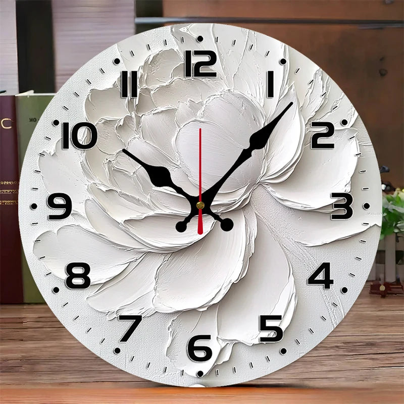 White Peony Wooden Round Silent Hanging Wall Clock, Suitable For Living Room, Office, Study Room, Bedroom, Home Decoration