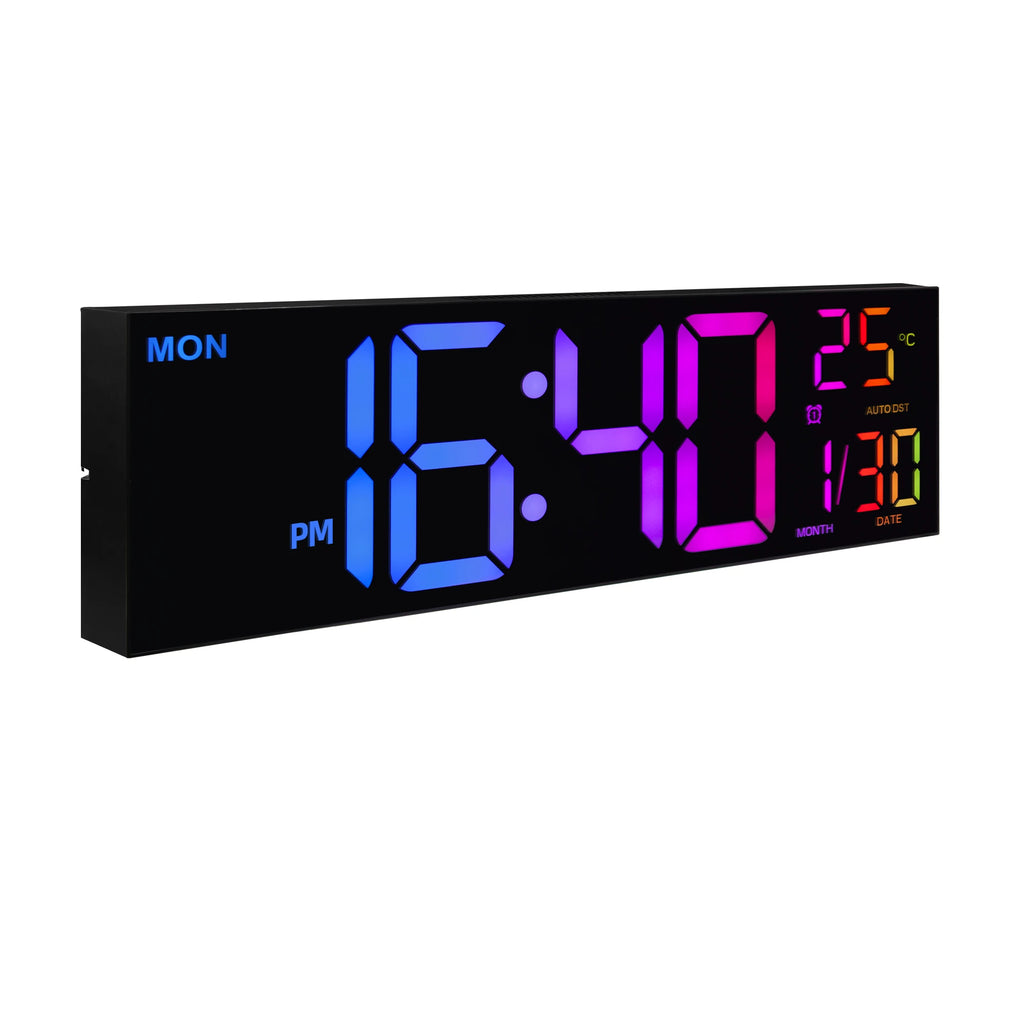 16" B Large Digital Wall Clock, Big LED Display with Remote, 8 RGB Color, Alarm, DST, Temperature for Living Room, Office