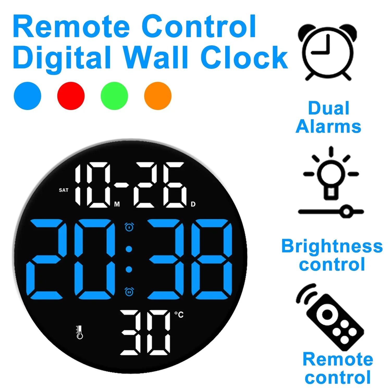 10-inch LED digital wall clock with dual alarms, calendar, temperature display, and adjustable brightness, featuring remote control.