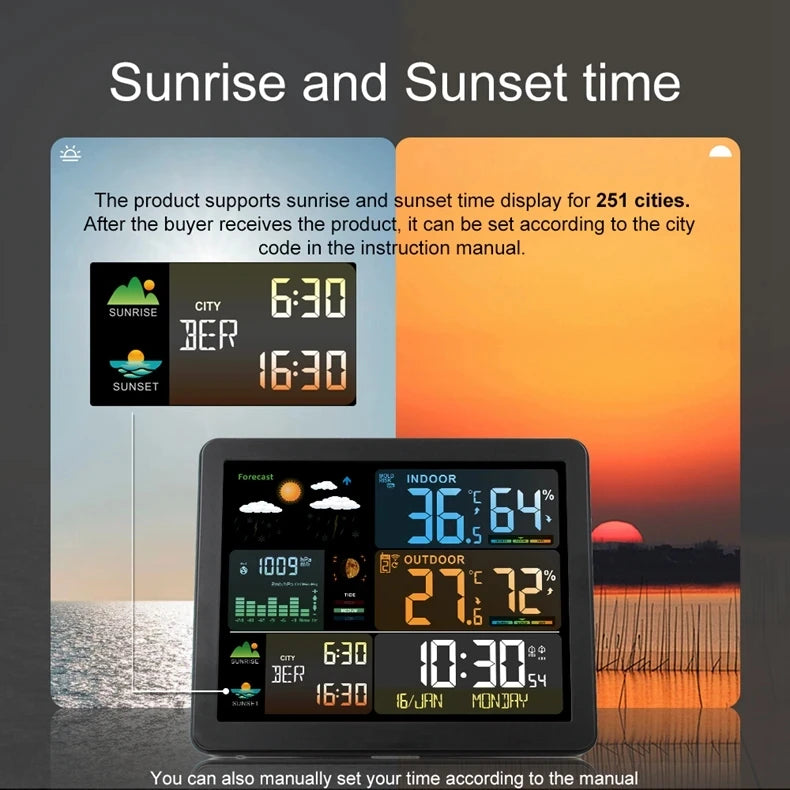 Wireless Weather Station with Colorful Display, Wall Digital Clock, Dual Alarm Clock, Barometer, Thermometer, Hygrometer