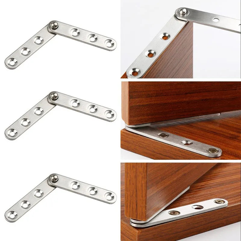 Stainless steel rotating hinges for cabinets and wardrobes, shown in detail and in use with wood furniture.