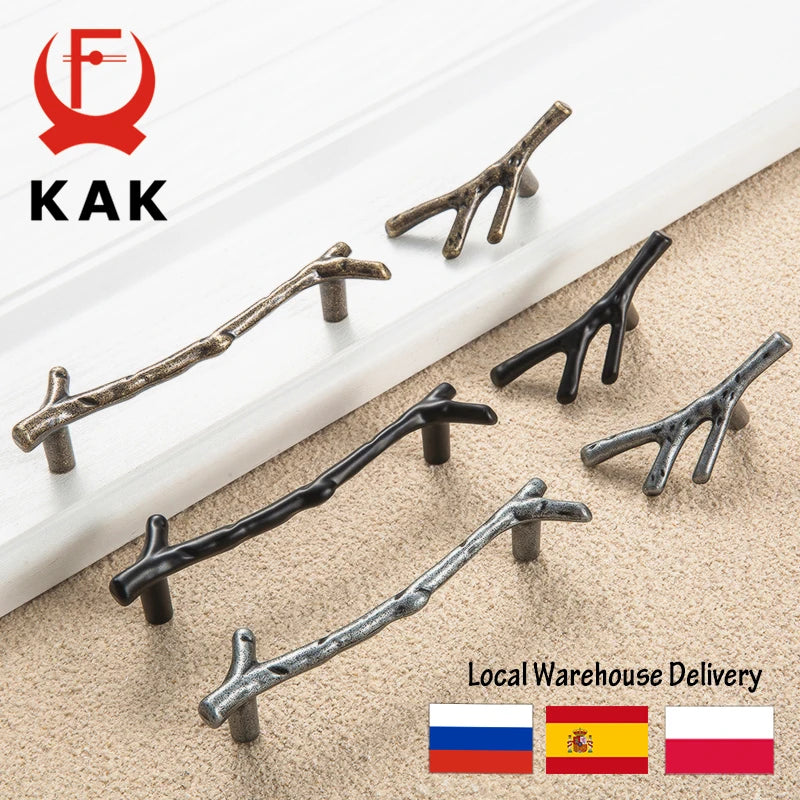 KAK 10pcs Tree Branch Furniture Handles in black, silver, and bronze finishes, suitable for kitchen cabinets and drawers, with local warehouse delivery options.