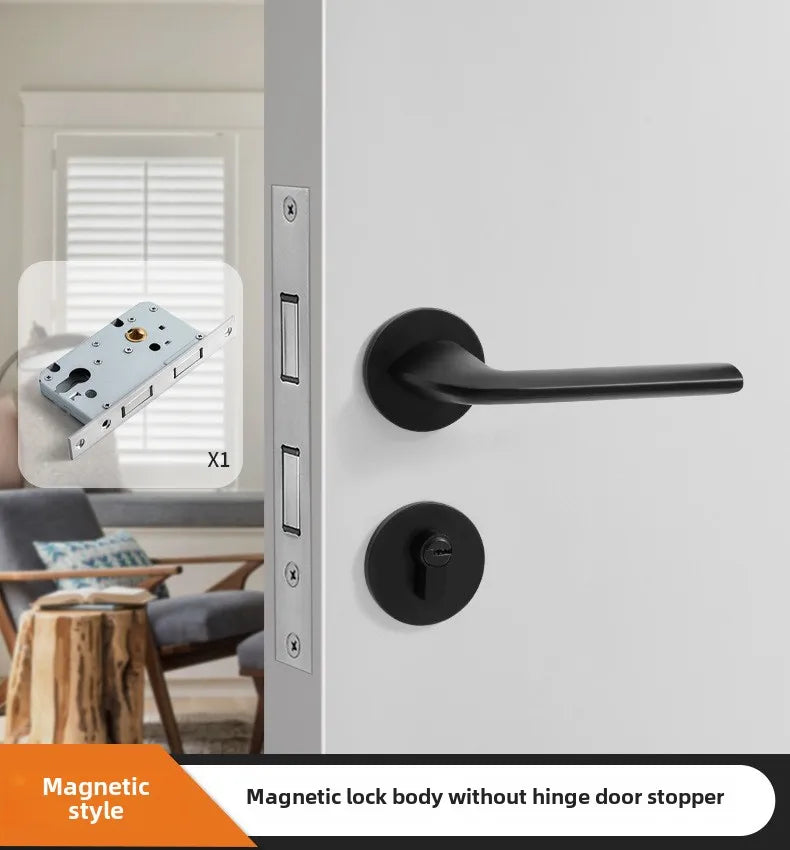 Black American Style Indoor Door Lock, Integrated Magnetic Silent Wooden Door Handle, Universal Home Bedroom Lock