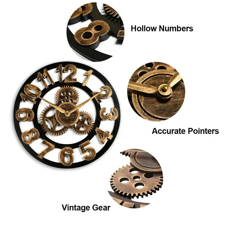Retro industrial style wall clock with hollow numbers and vintage gears, perfect for home or office decor.