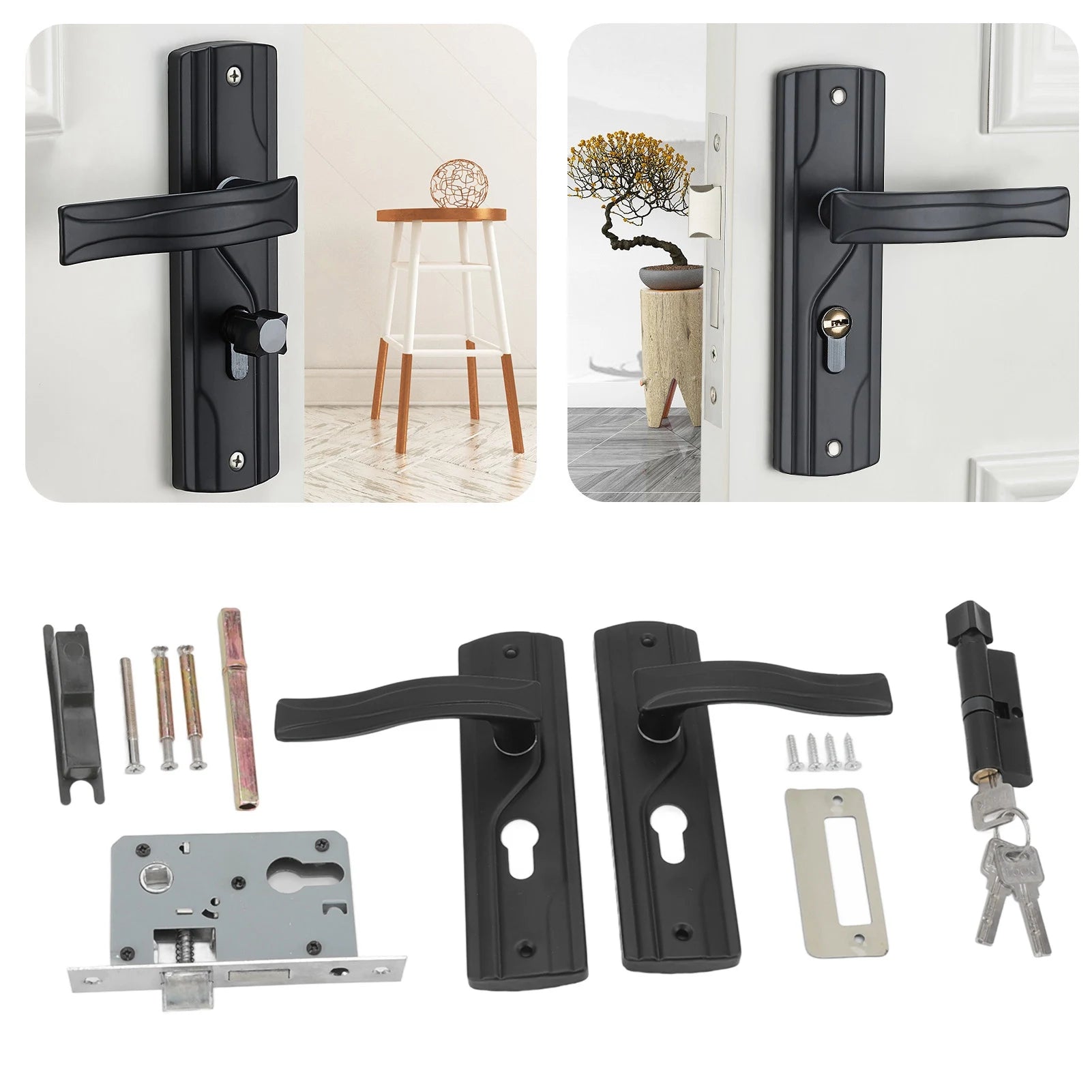 Door Handle Lock Manganese Steel Silent Bearing Universal Door Lever Lock Set with Keys for Home Bedroom Black Keyed Entry Lock