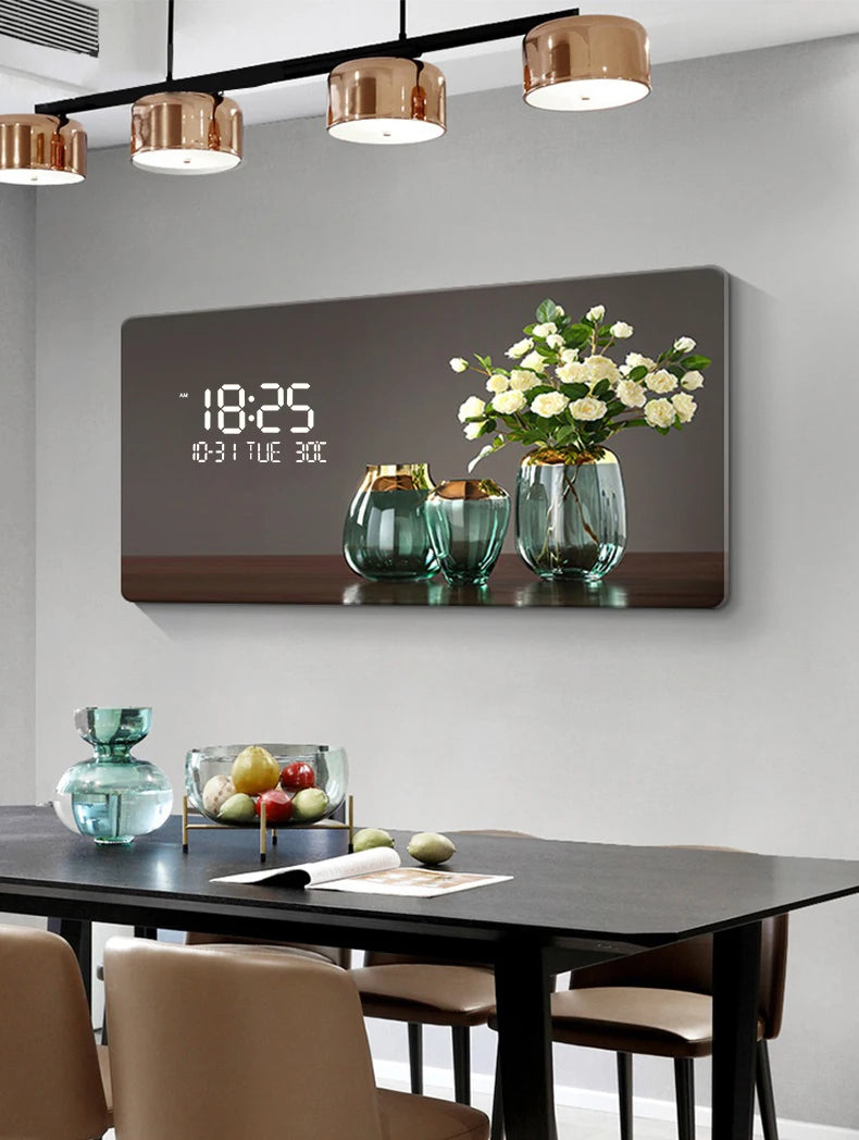 Large Size Flower Pattern Digital Wall Clock with LED Light,Creative Luxurious Muted Quartz Wall Clock for Home Decoration