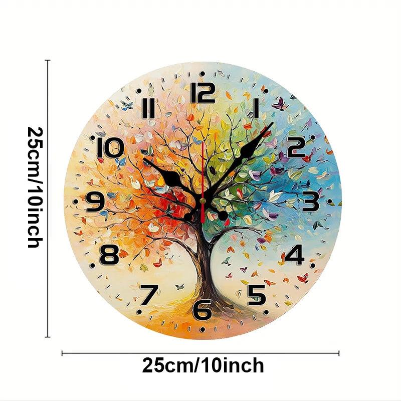 Colorful Life Tree Wooden Round Silent Hanging Wall Clock, Suitable For Living Room, Office, Study Room,Bedroom, Home Decoration