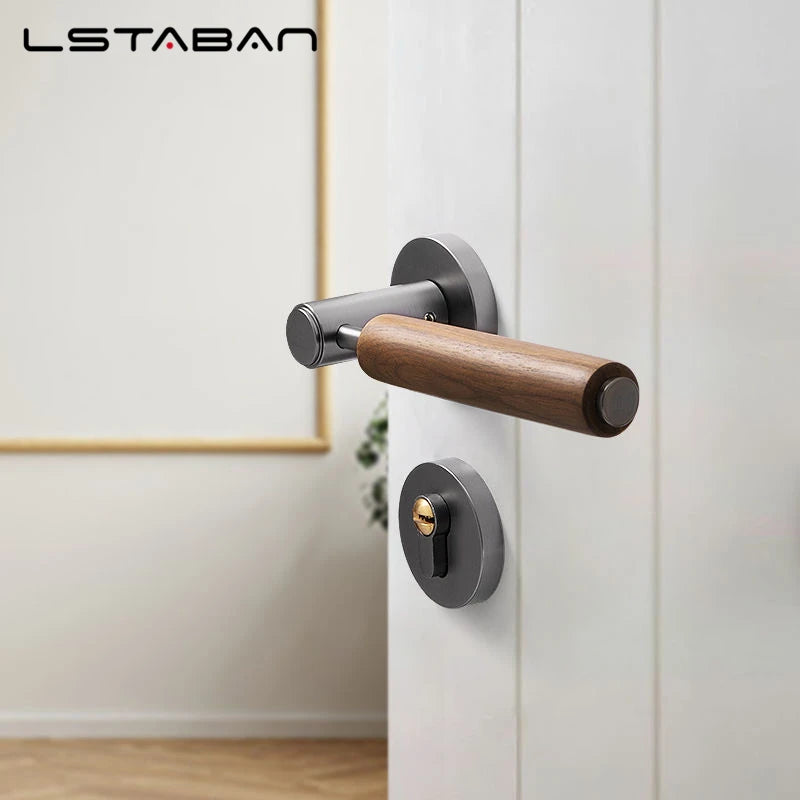 Nordic handmade walnut wood handle split mute anti-theft door lock on a white bedroom or bathroom door.