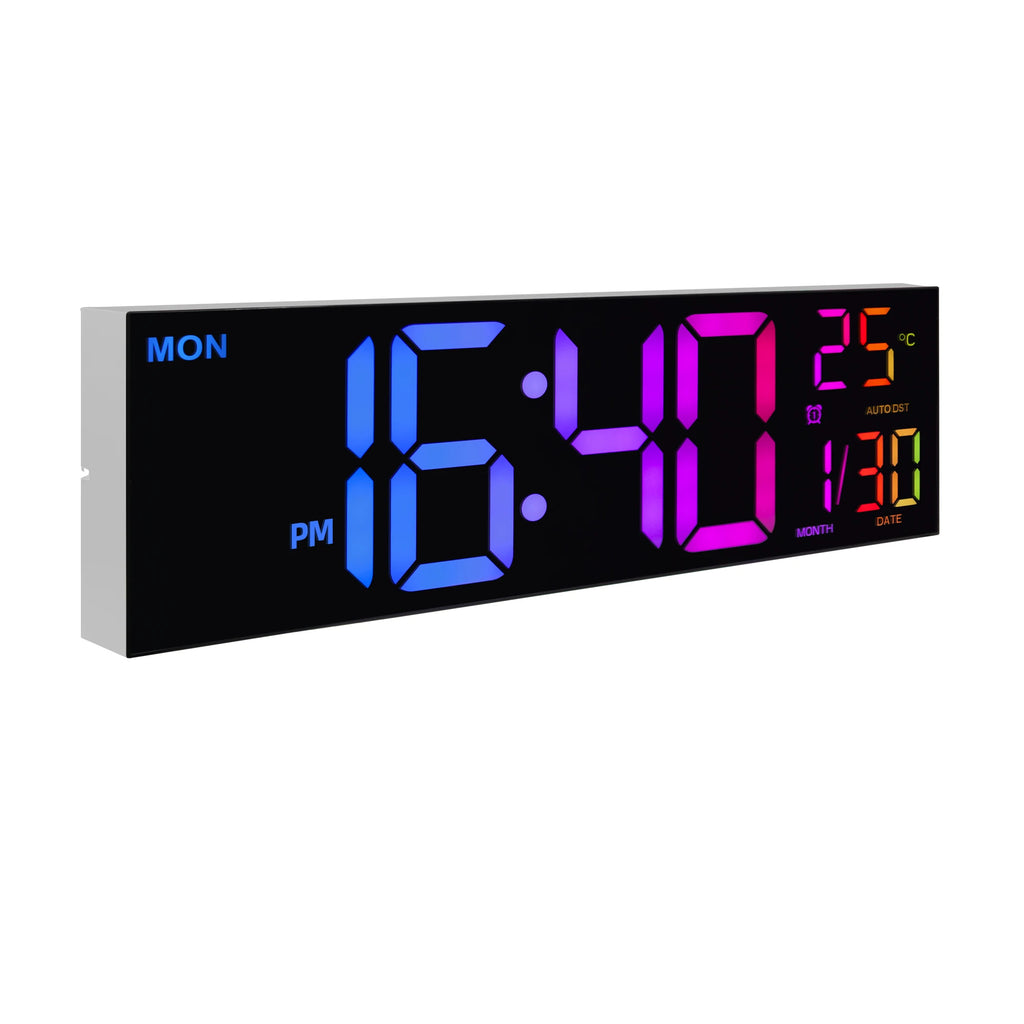 16" B Large Digital Wall Clock, Big LED Display with Remote, 8 RGB Color, Alarm, DST, Temperature for Living Room, Office
