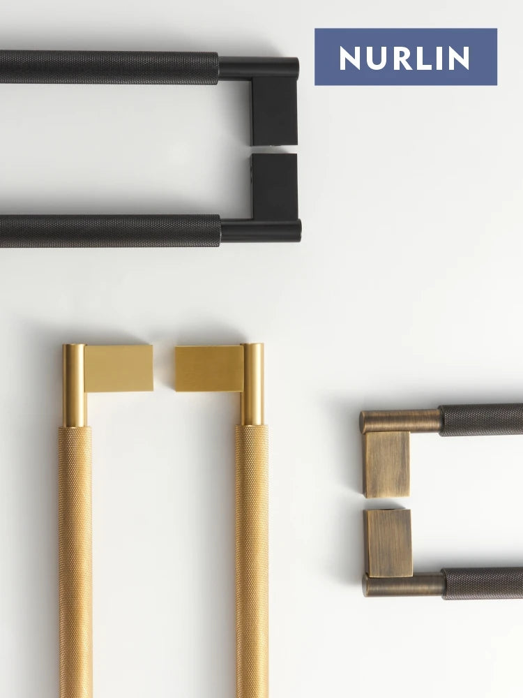 Nurlin solid brass door pulls with cross knurled texture in gold and black finishes, ideal for kitchens and appliances.