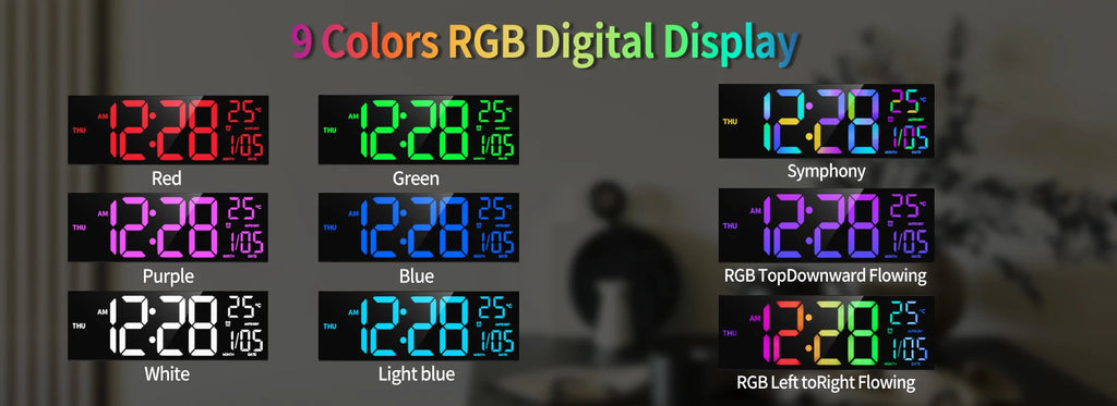 16" B Large Digital Wall Clock, Big LED Display with Remote, 8 RGB Color, Alarm, DST, Temperature for Living Room, Office