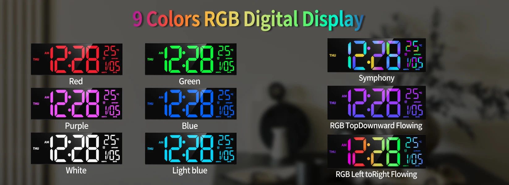 16" B Large Digital Wall Clock, Big LED Display with Remote, 8 RGB Color, Alarm, DST, Temperature for Living Room, Office