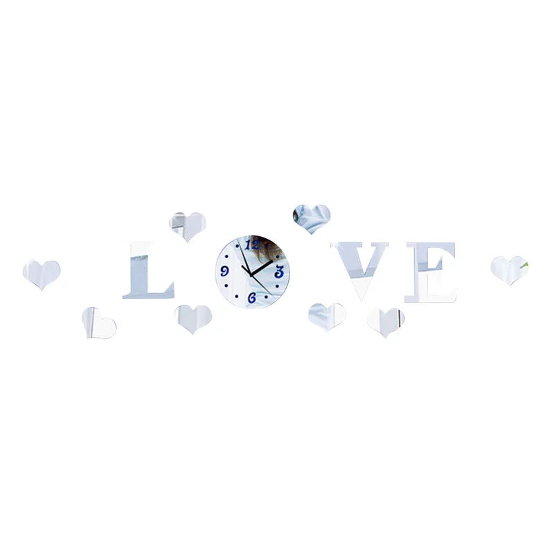 Acrylic DIY 3D Crystal Mirror Decorative ‘’love‘’ Wall Quartz Clock Home Decor Living Room Kitchen Clocks Home Modern Decoration