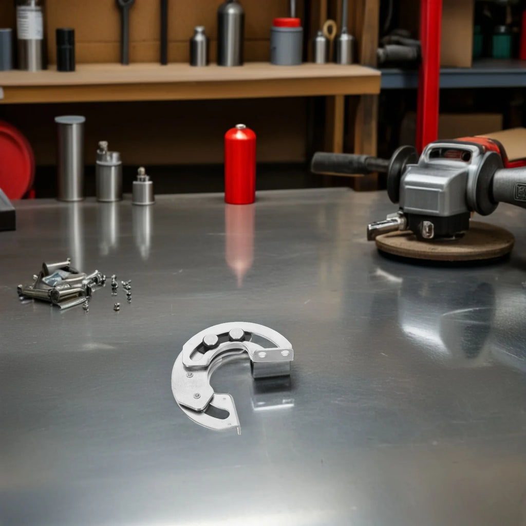 Curved stainless steel concealed cabinet hinge with swivel mechanism on a metal surface, surrounded by screws, in a workshop setting.